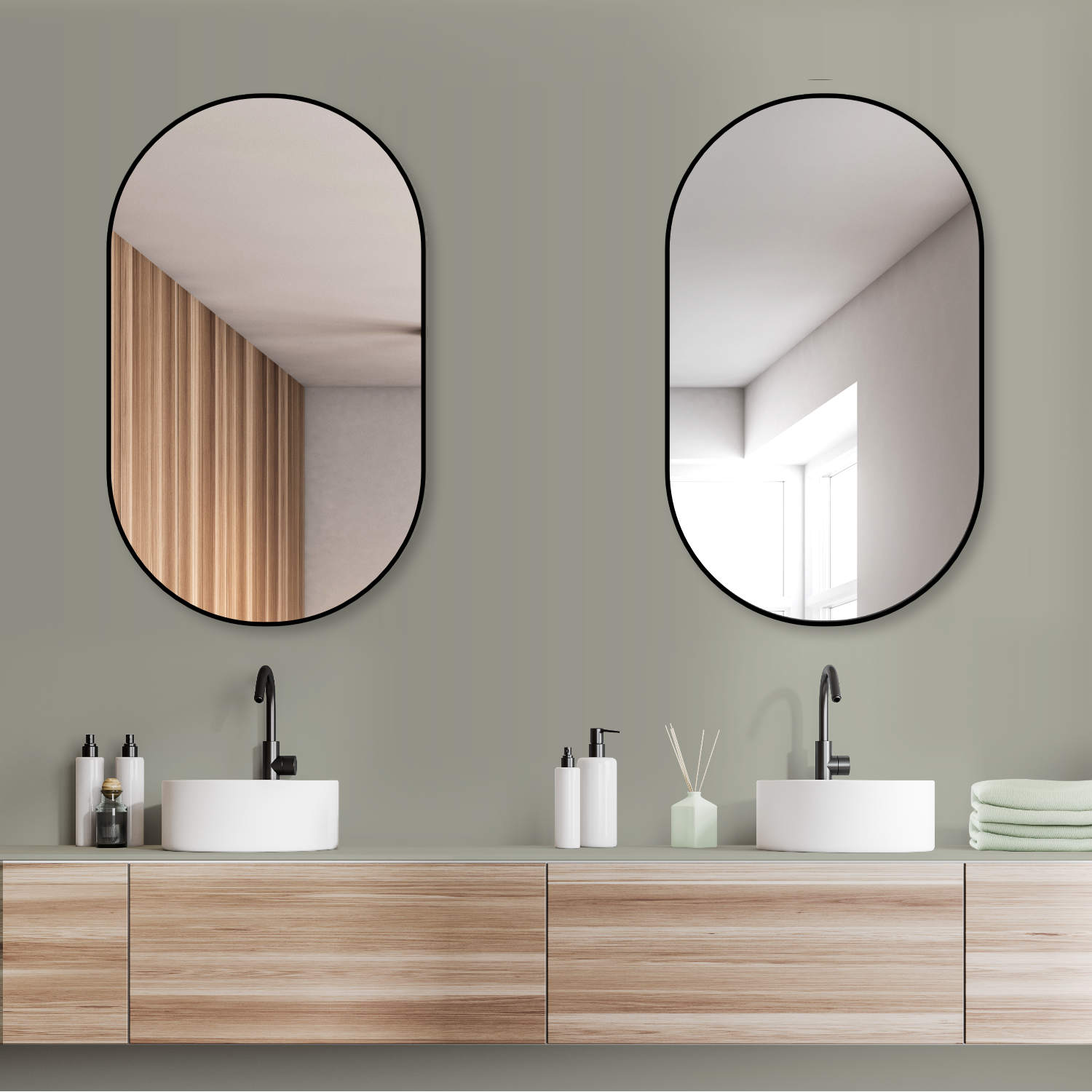 Design Dekor Wandspiegel oval mit Schwarz Metall RAHMEN ohne Beleuchtung