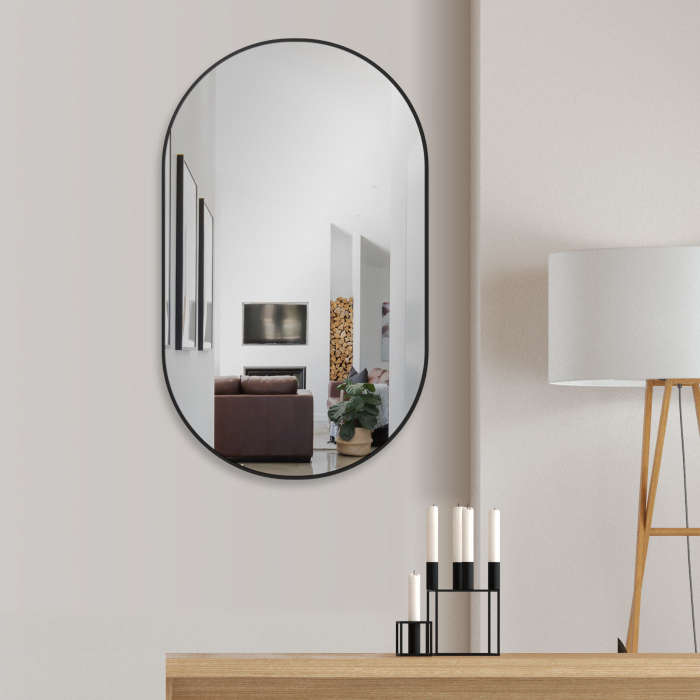 Design Dekor Wandspiegel oval mit Schwarz Metall RAHMEN ohne Beleuchtung