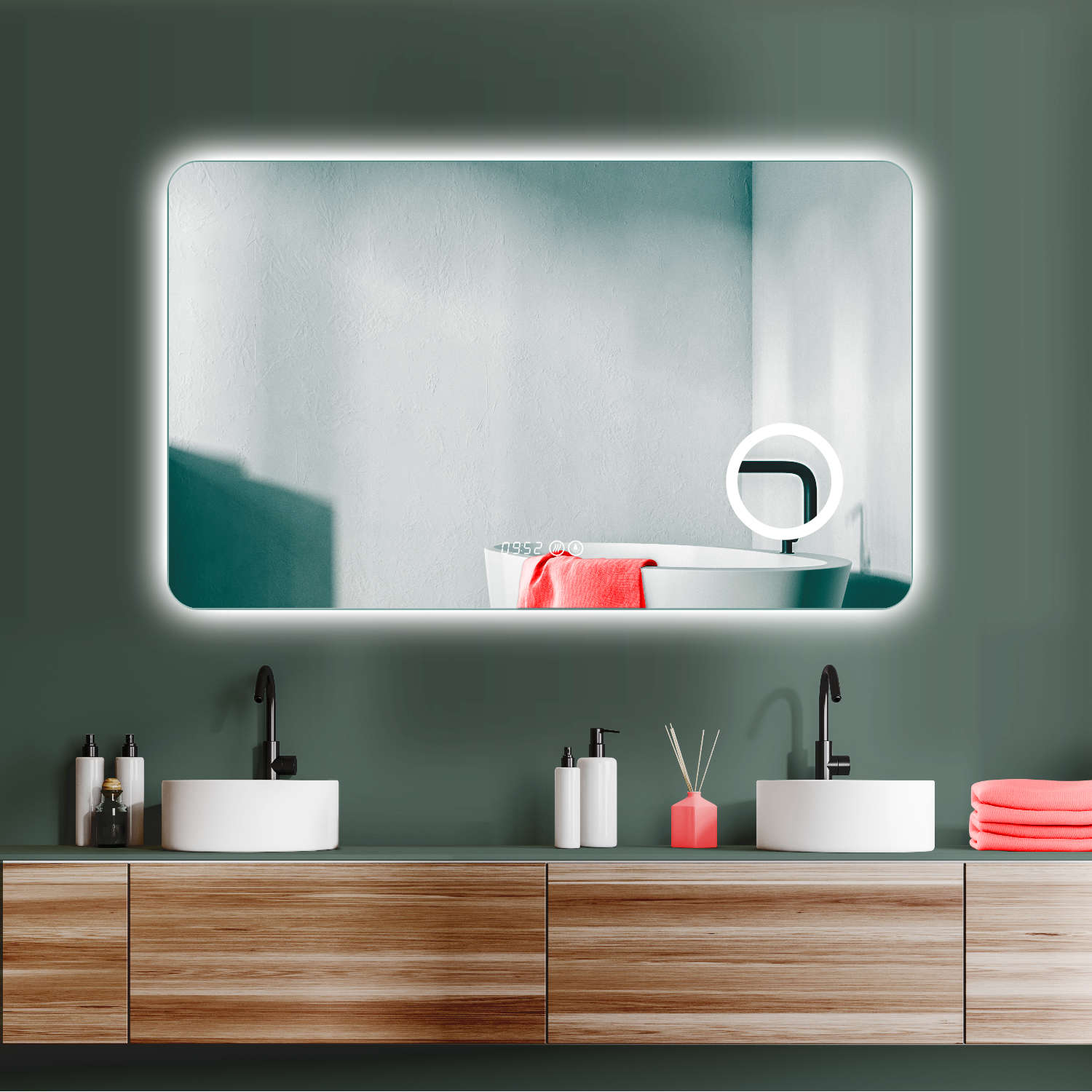 ANTIBESCHLAG LED Badspiegel + Uhr + Lichtwechsel Kaltweiß Warmweiß