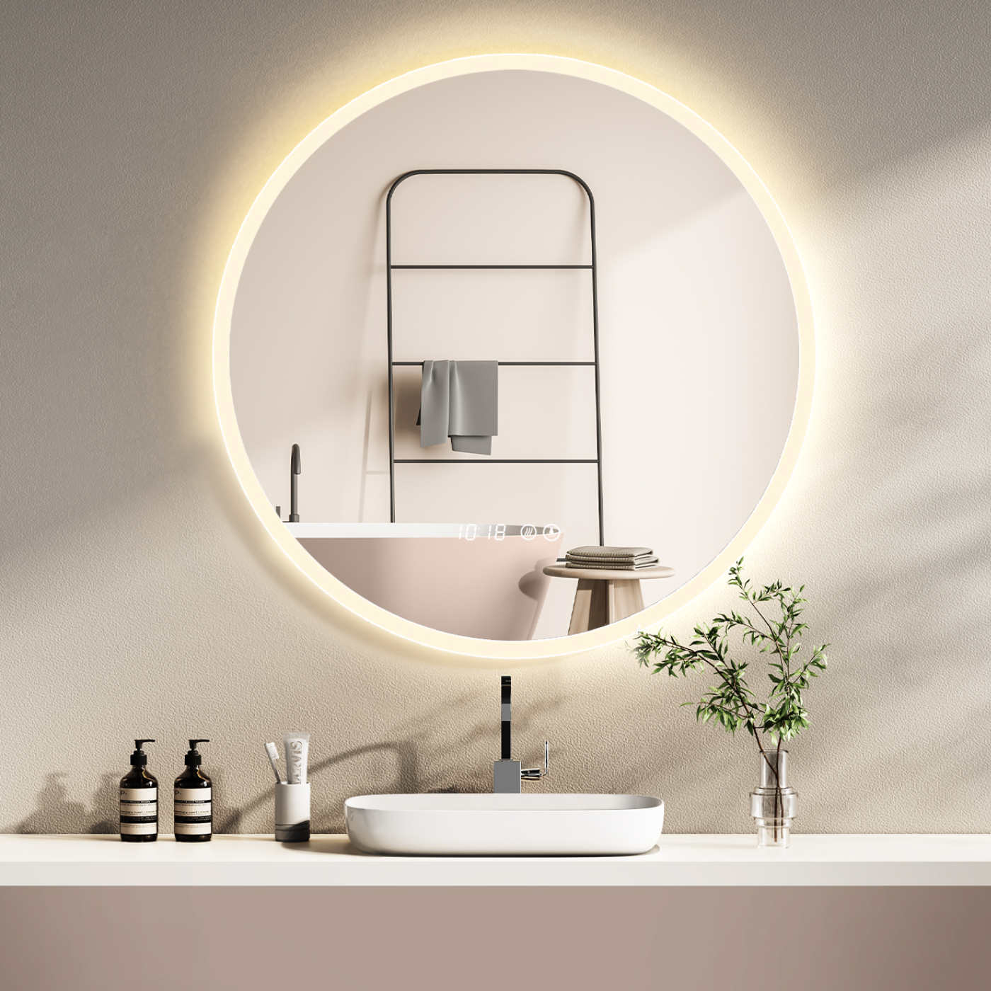 LED Badspiegel mit Lichtwechsel, runder Design-Badspiegel mit LED-Beleuchtung, Digital Uhr