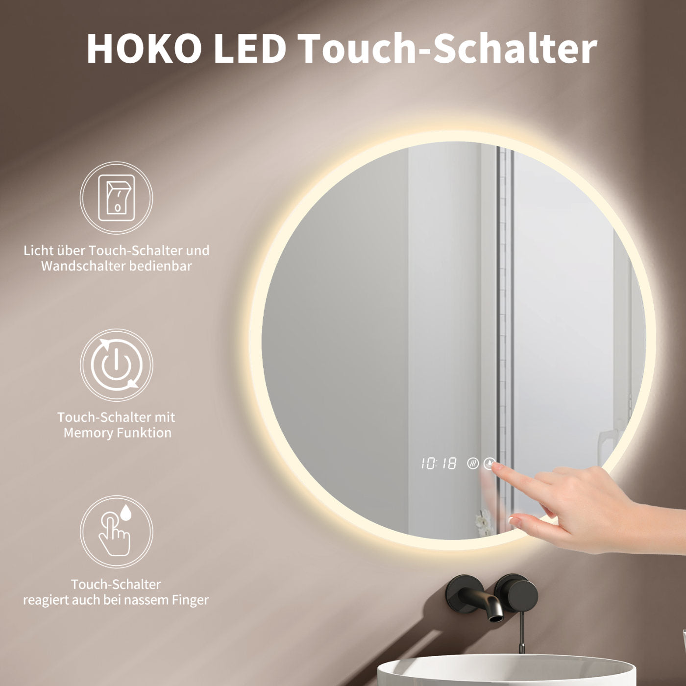 LED Badspiegel mit Lichtwechsel, runder Design-Badspiegel mit LED-Beleuchtung und Digital Uhr