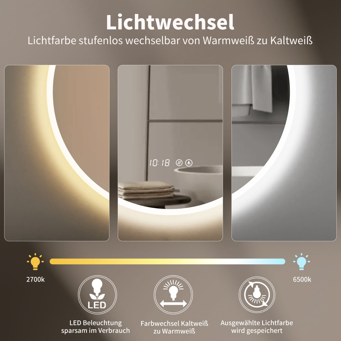 LED Badspiegel mit Lichtwechsel, runder Design-Badspiegel mit LED-Beleuchtung und  Digital Uhr