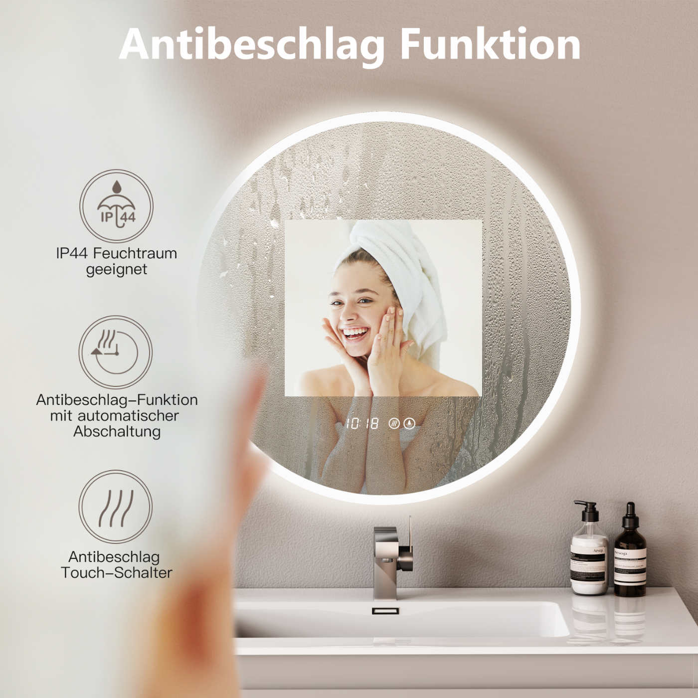LED Badspiegel mit Lichtwechsel, Antibeschlag-Funktion und Digitaluhr
