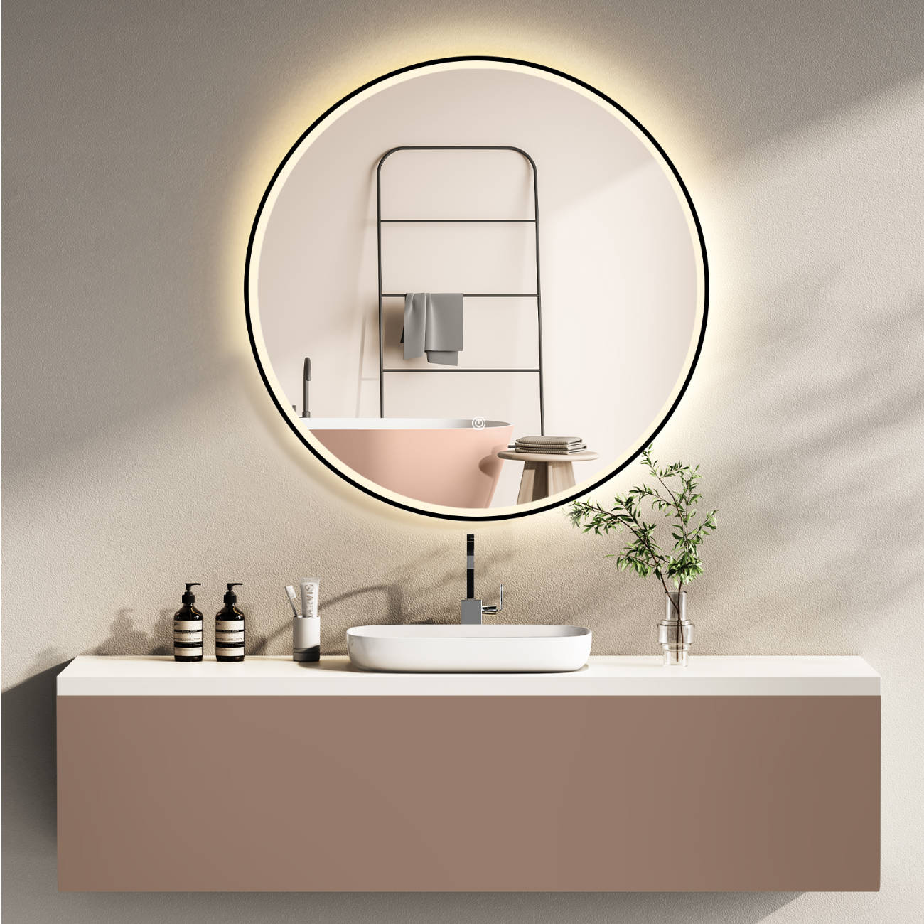 LED Rundspiegel für Badezimmer mit Schwarz Rahmen, Lichtwechsel