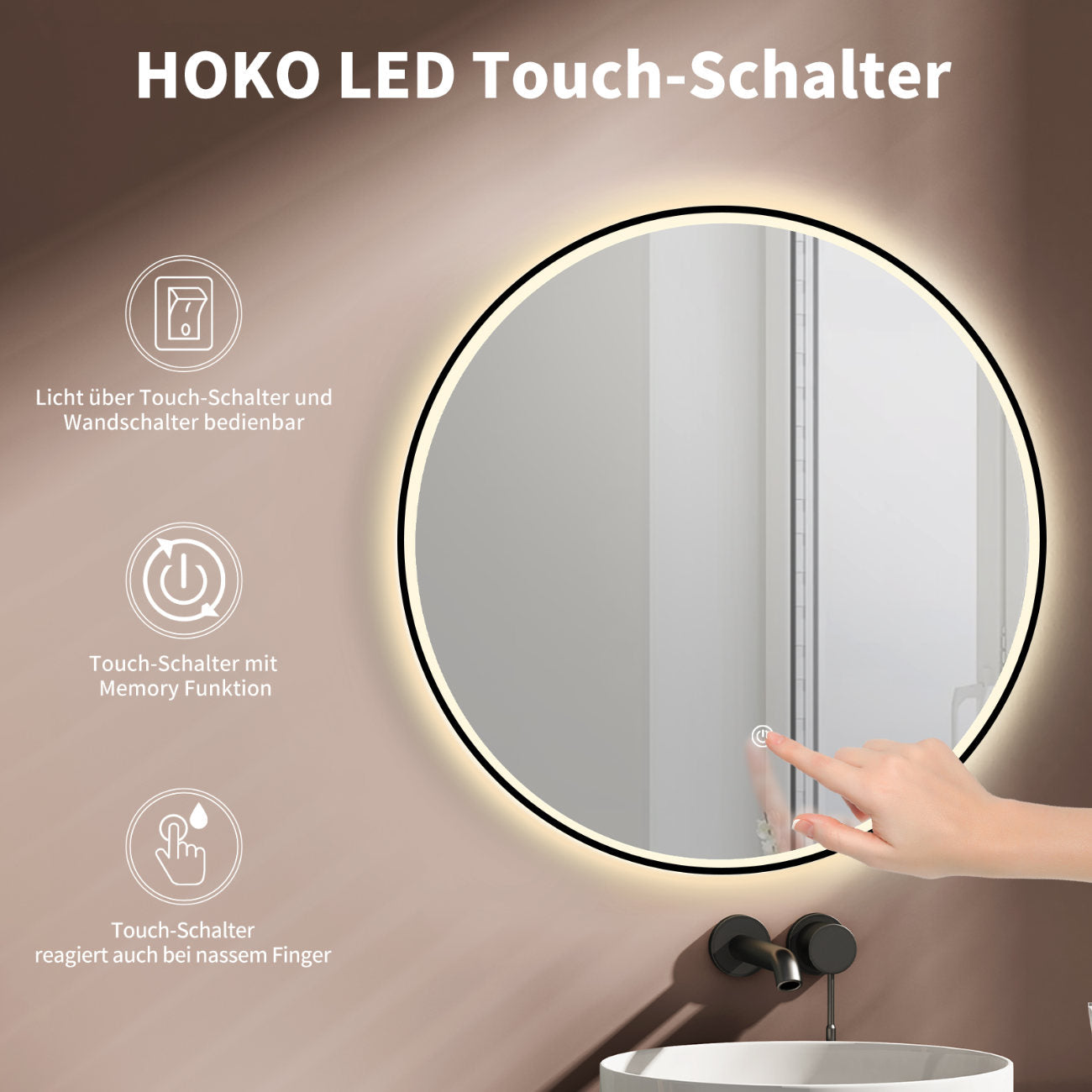 LED Rundspiegel für Badezimmer mit Schwarz Rahmen, Lichtwechsel