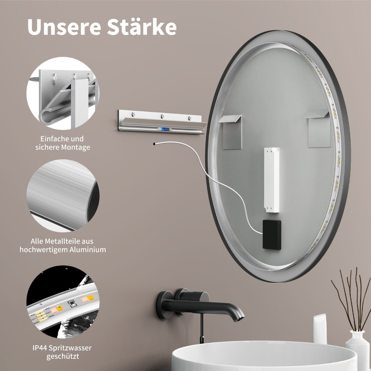 LED Rundspiegel für Badezimmer mit Schwarz Rahmen, Lichtwechsel