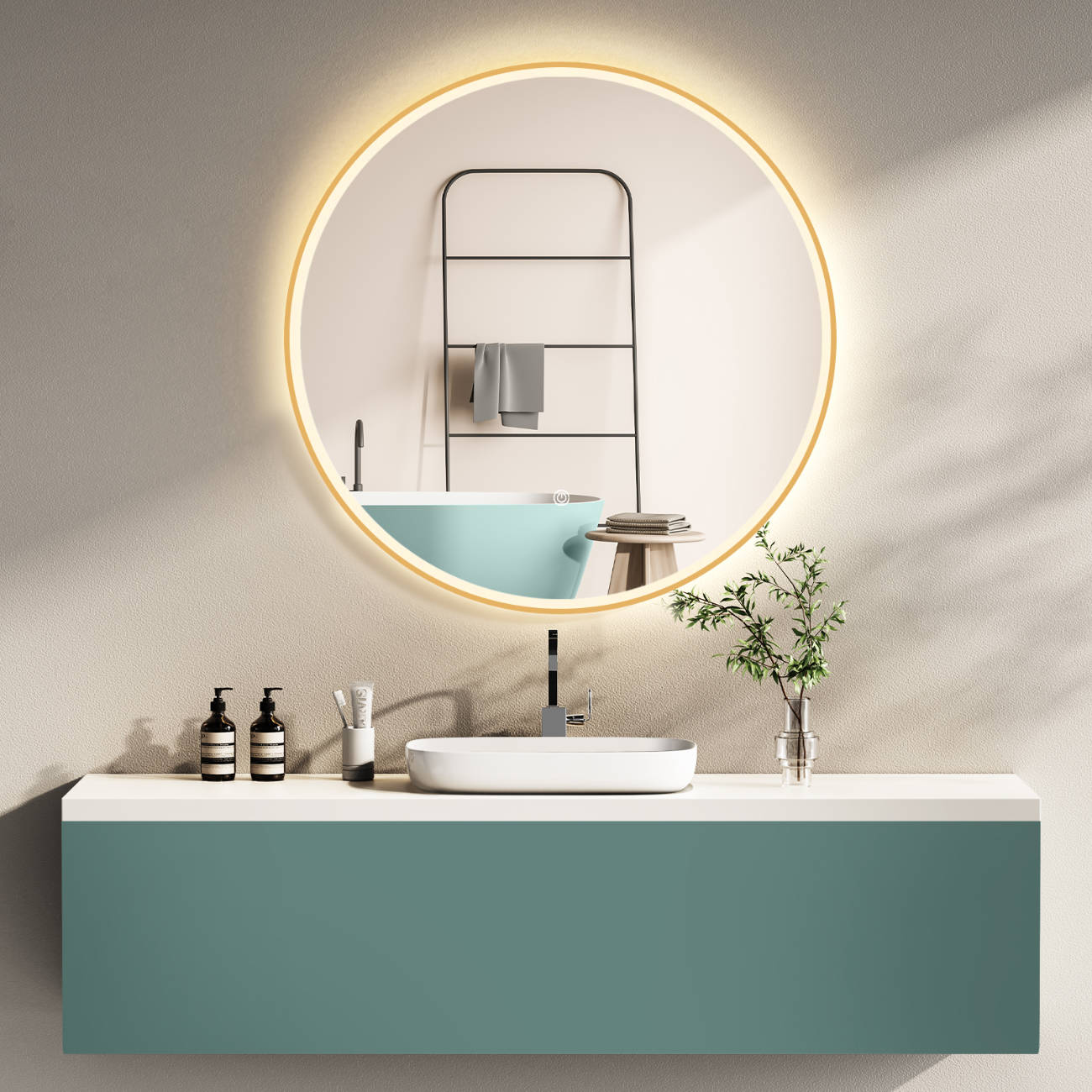 LED Rundspiegel für Badezimmer mit Gold Rahmen, Lichtwechsel