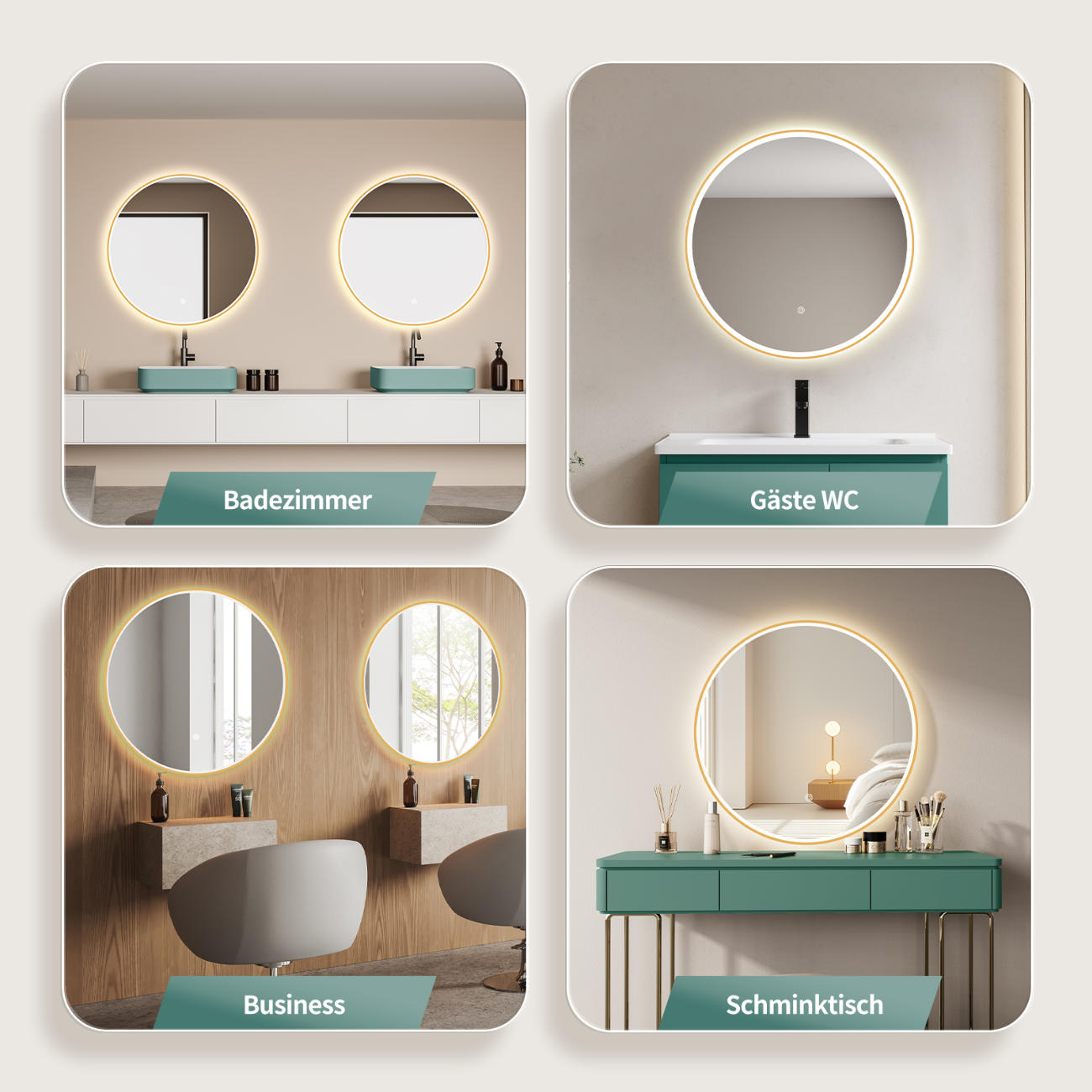 LED Rundspiegel für Badezimmer mit Gold Rahmen, Lichtwechsel