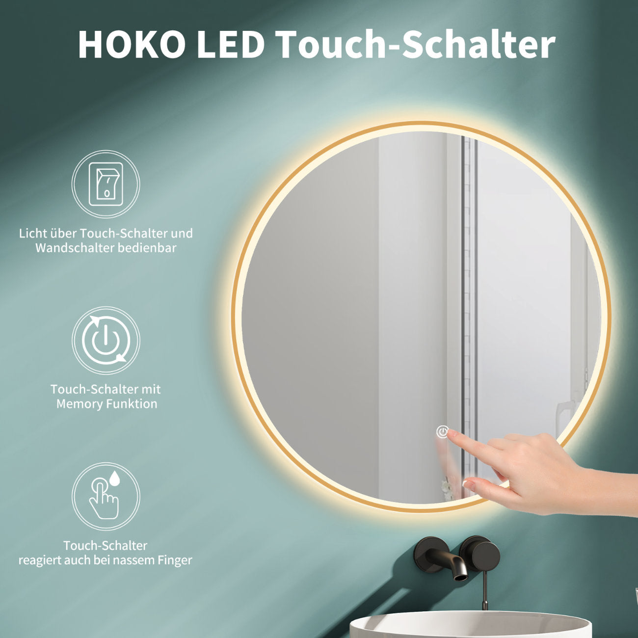 LED Rundspiegel für Badezimmer mit Gold Rahmen, Lichtwechsel
