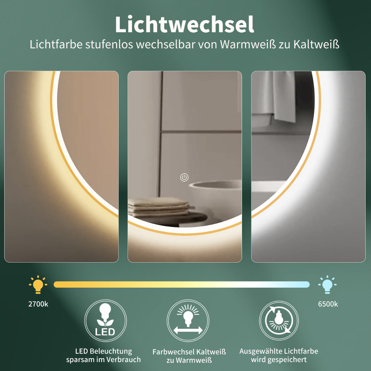 LED Rundspiegel für Badezimmer mit Gold Rahmen, Lichtwechsel