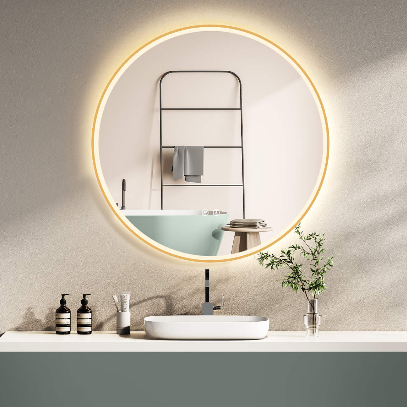LED Badspiegel: Lichtwechsel, runder Design-Spiegel, Antibeschlag-Funktion, Gold-Metallrahmen