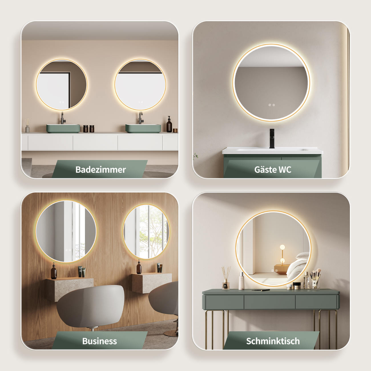 LED Badspiegel: Lichtwechsel, runder Design-Spiegel, Antibeschlag-Funktion, Gold-Metallrahmen