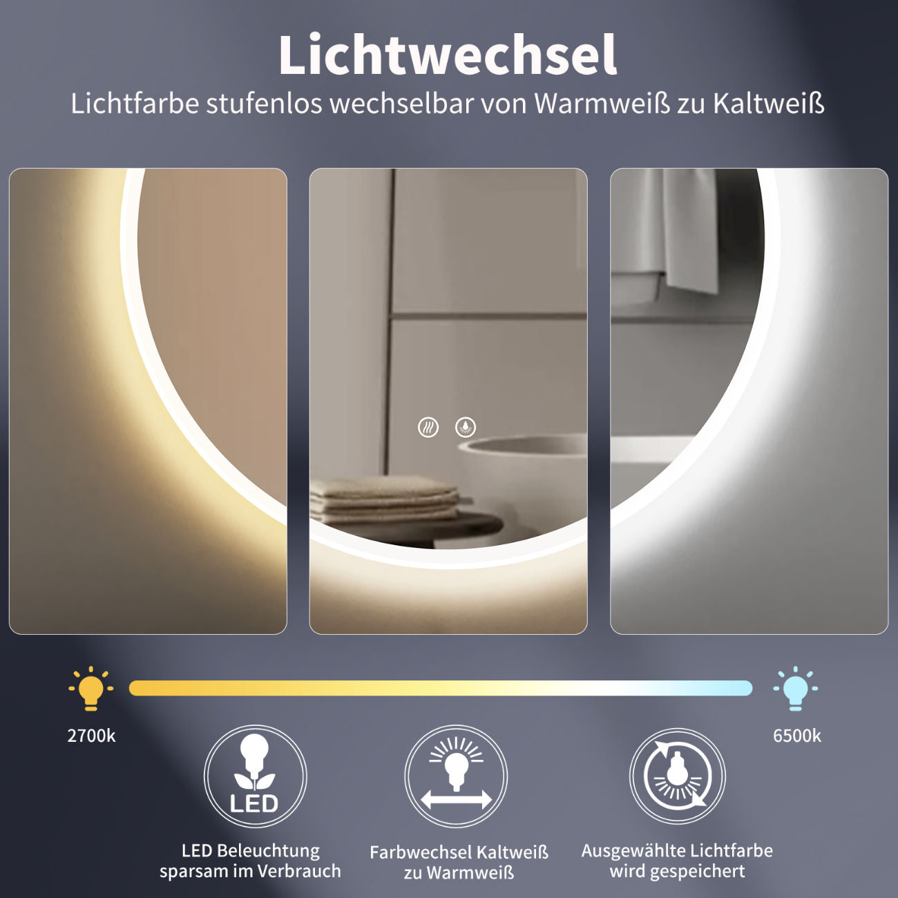 LED Badspiegel: Lichtwechsel, runder Design-Spiegel, Antibeschlag-Funktion, Weiß-Metallrahmen