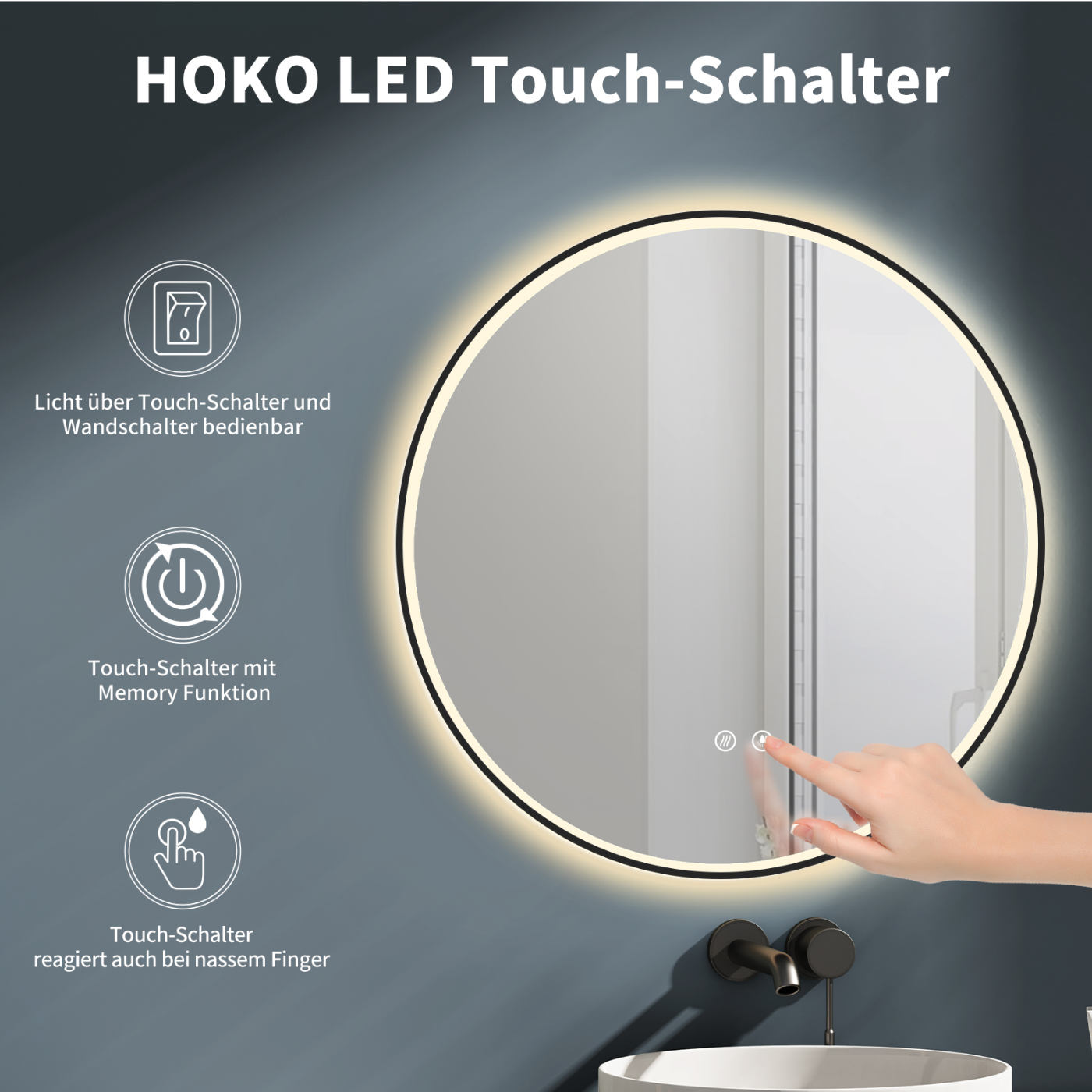 LED Badspiegel, design runder Badspiegel mit Antibeschlag Funktion und Schwarz Metallrahmen