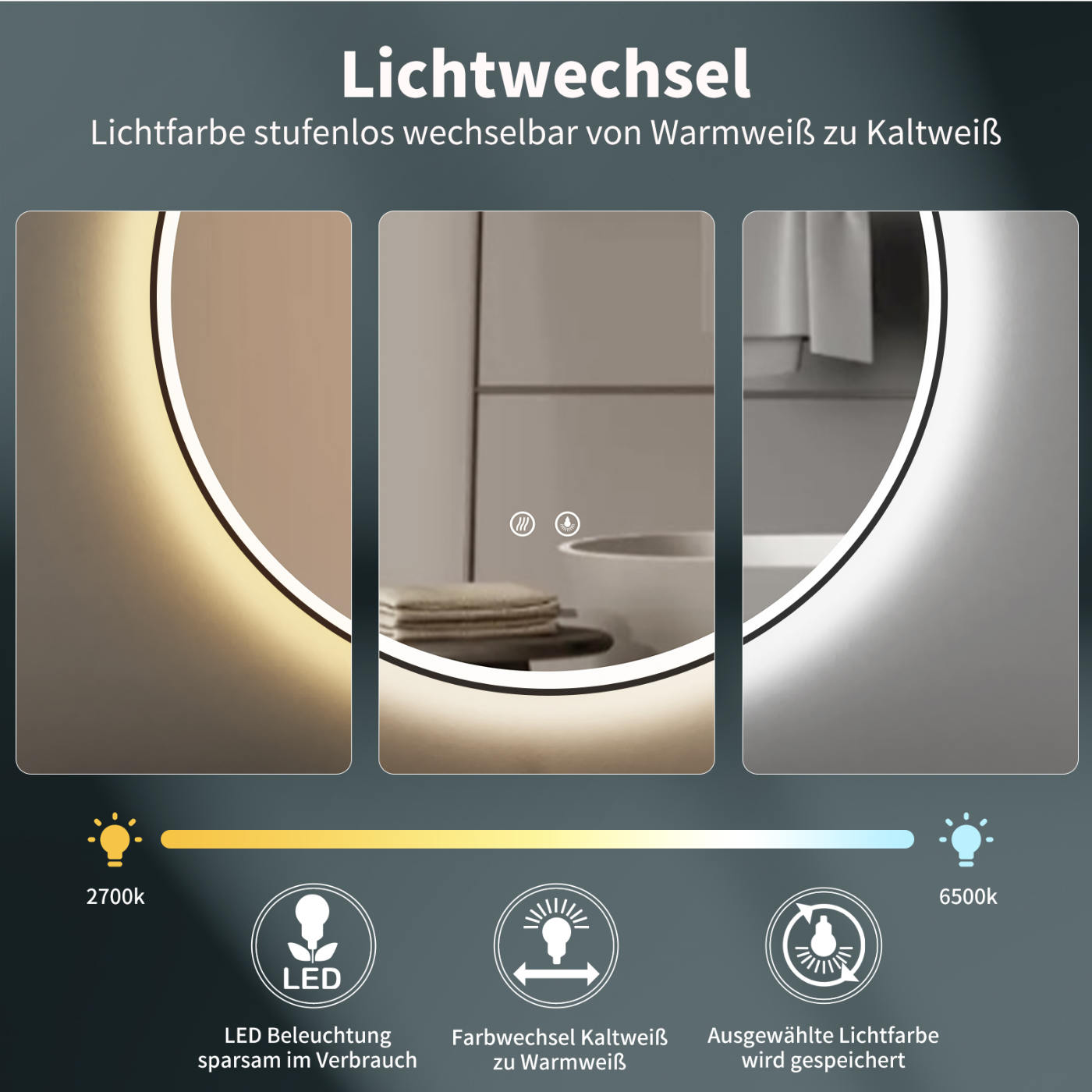 LED Badspiegel, design runder Badspiegel mit Antibeschlag Funktion und Schwarz Metallrahmen