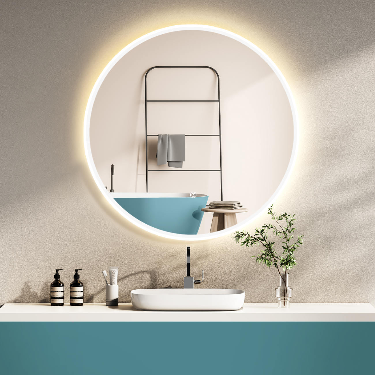 LED Rundspiegel für Badezimmer mit Weiß Rahmen, Lichtwechsel
