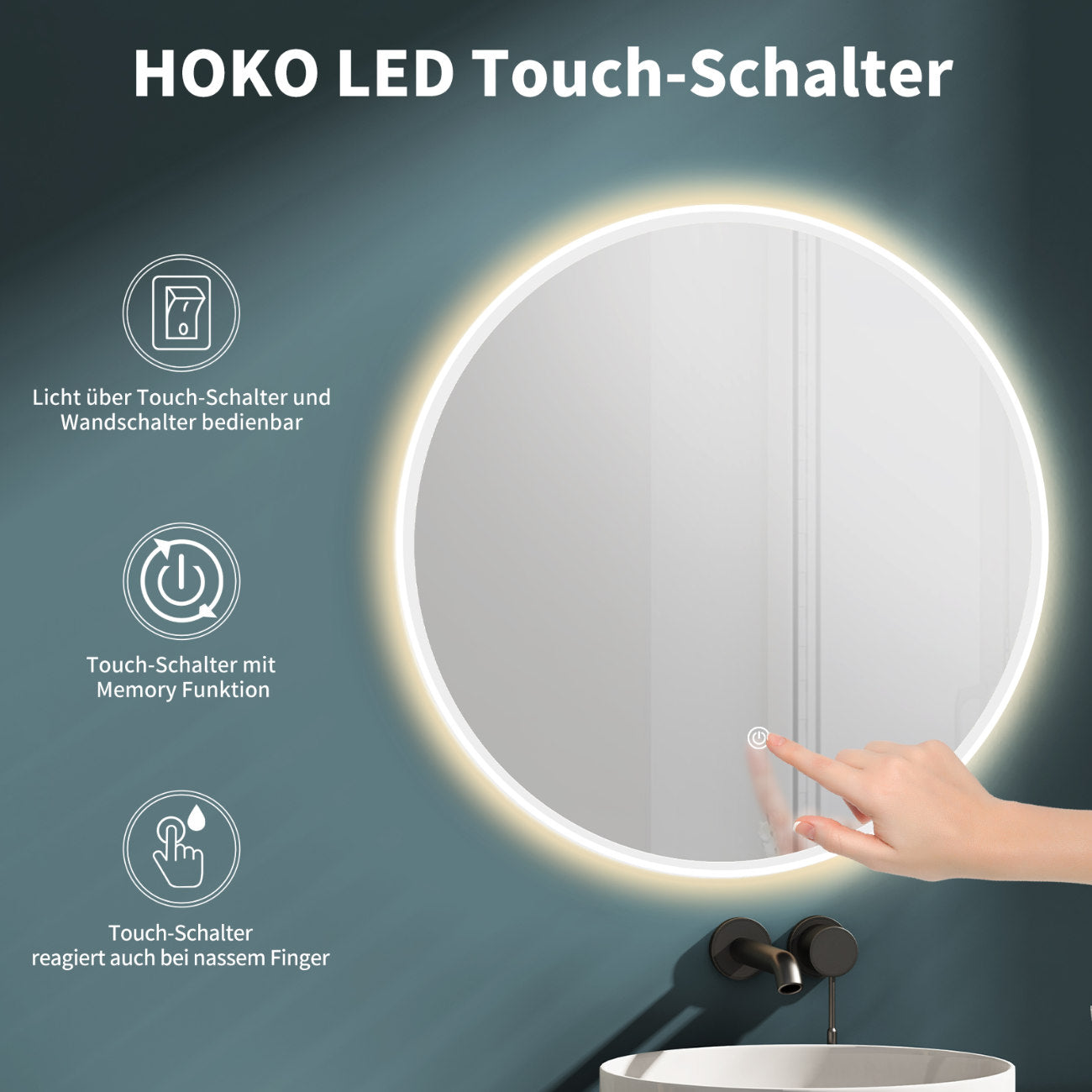 LED Rundspiegel für Badezimmer mit Weiß Rahmen, Lichtwechsel