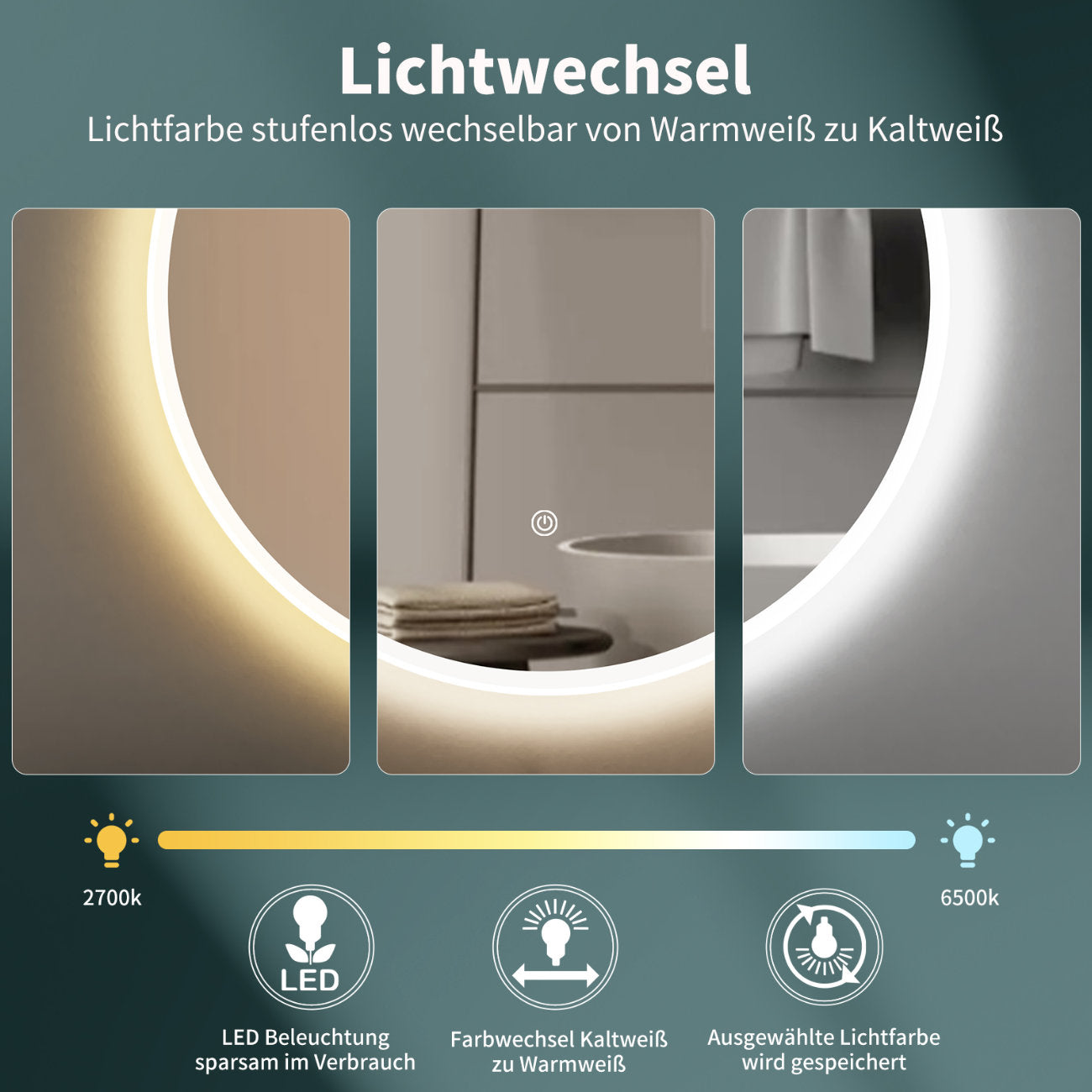 LED Rundspiegel für Badezimmer mit Weiß Rahmen, Lichtwechsel