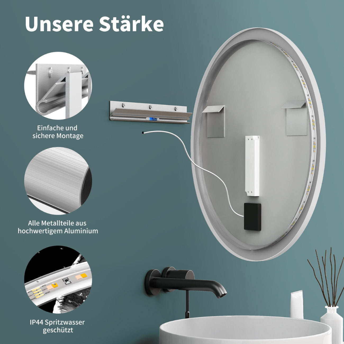 LED Rundspiegel für Badezimmer mit Weiß Rahmen, Lichtwechsel