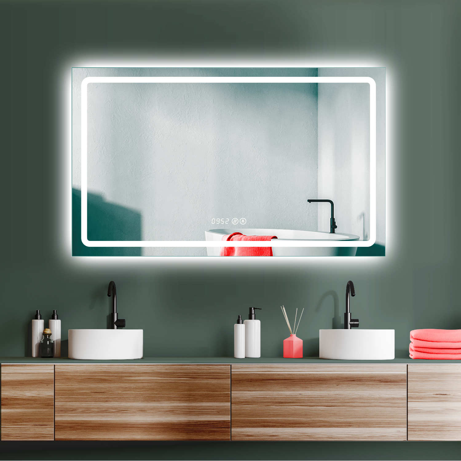 LED Badspiegel mit Lichtwechsel, Antibeschlag-Funktion und Digitaluhr,60x100cm