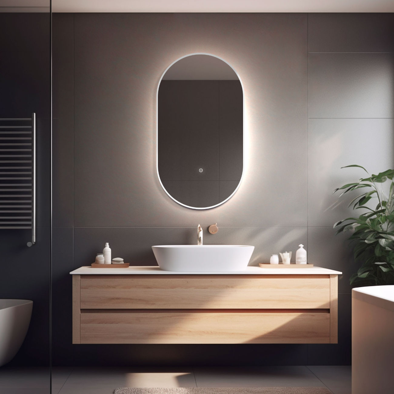 LED Badspiegel, Spiegel mit Beleuchtung, oval Spiegel, Metall Rahmen,Weiß