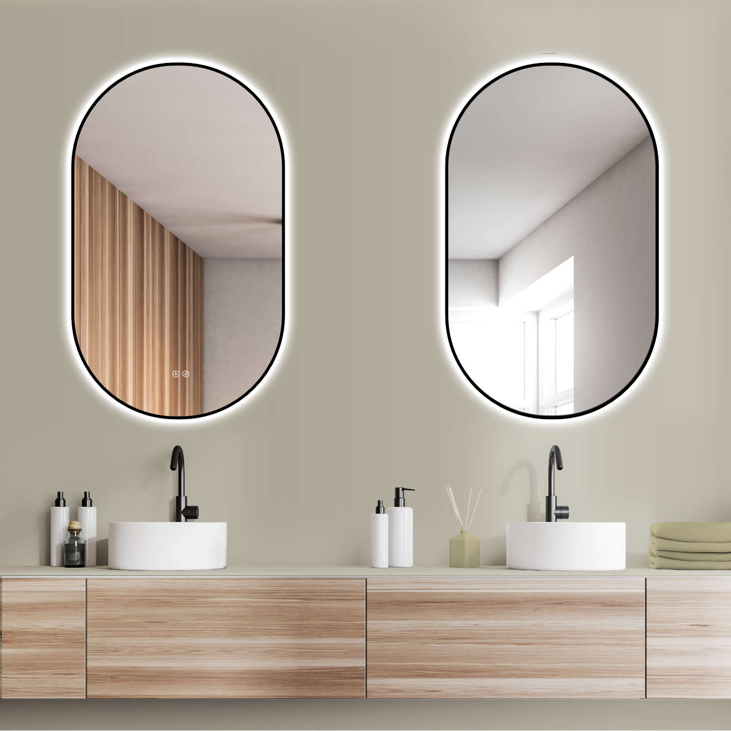 LED Badspiegel mit Lichtwechsel, ovaler Design-Spiegel mit Antibeschlag-Funktion und Schwarz Metall Rahmen