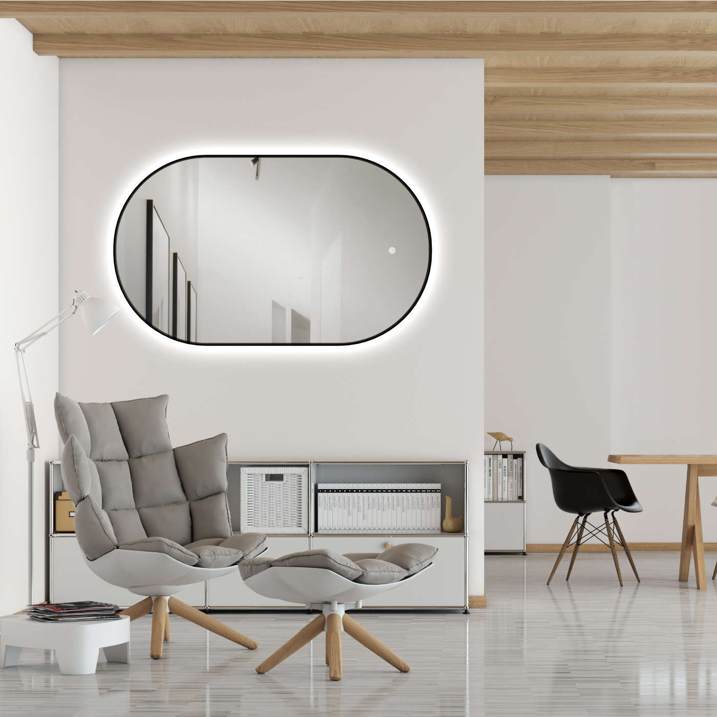 LED Designspiegel oval mit Metall Schwarz RAHMEN + Lichtwechsel