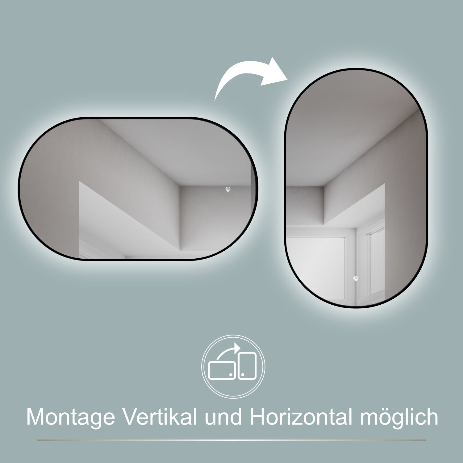 LED Designspiegel oval mit Metall Schwarz RAHMEN + Lichtwechsel
