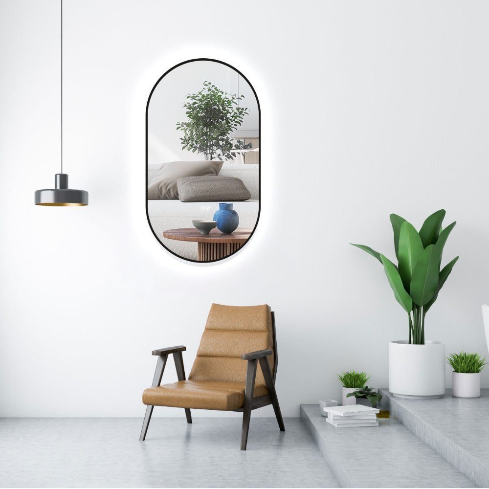 Design Dekor Wandspiegel oval mit Schwarz Metall RAHMEN ohne Beleuchtung