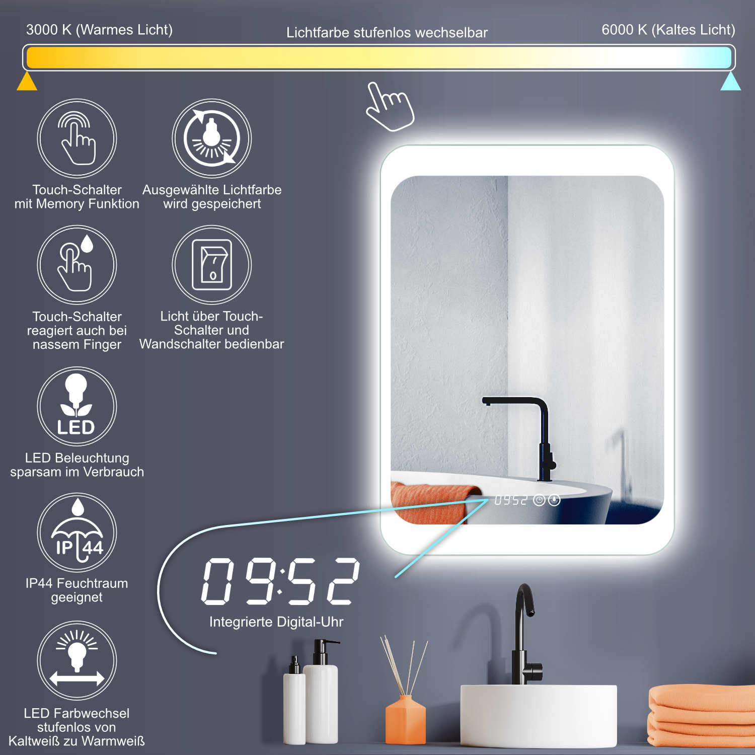 LED Licht Bad Wandspiegel mit DIGITAL UHR + Lichtwechsel