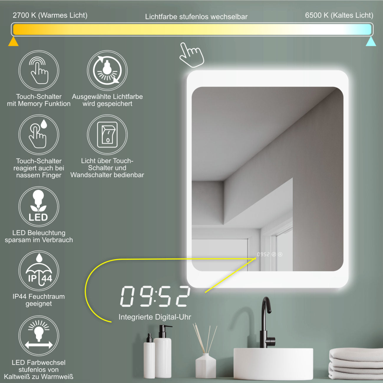 Design-Badspiegel mit Beleuchtung, Lichtwechsel, Antibeschlag-Funktion und Digital Uhr