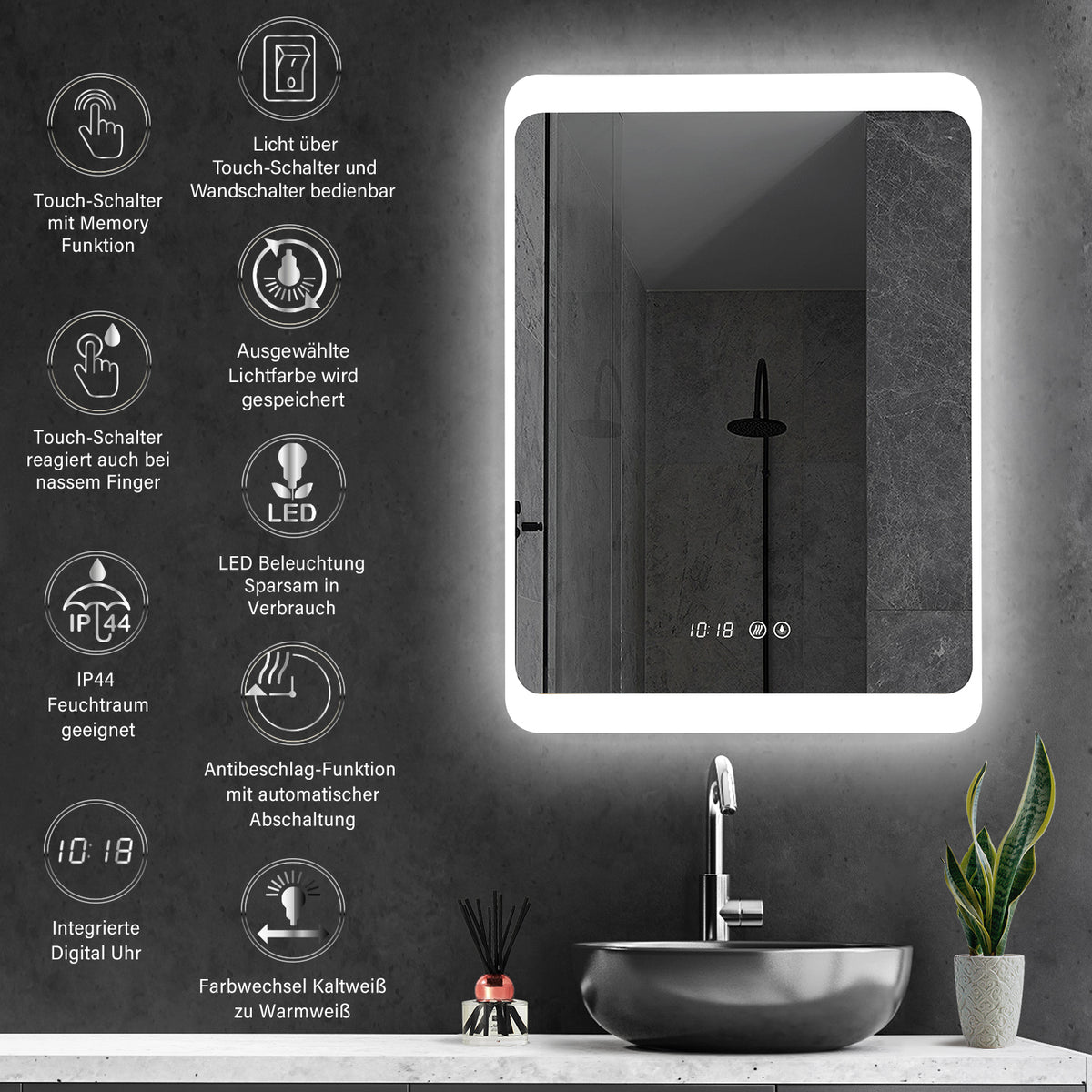 LM13 Badezimmerspiegel mit Touch-Beleuchtung, Uhr, 3-facher Vergrößerung,  Antibeschlag, IP44 energiesparend I