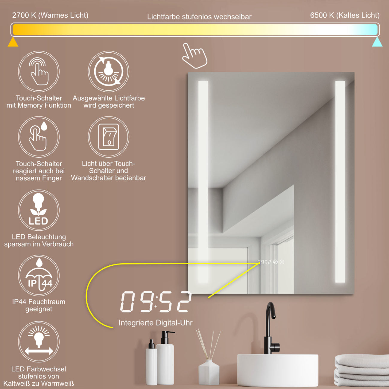 Design-Badspiegel mit Beleuchtung, Antibeschlag-Funktion und Digital Uhr