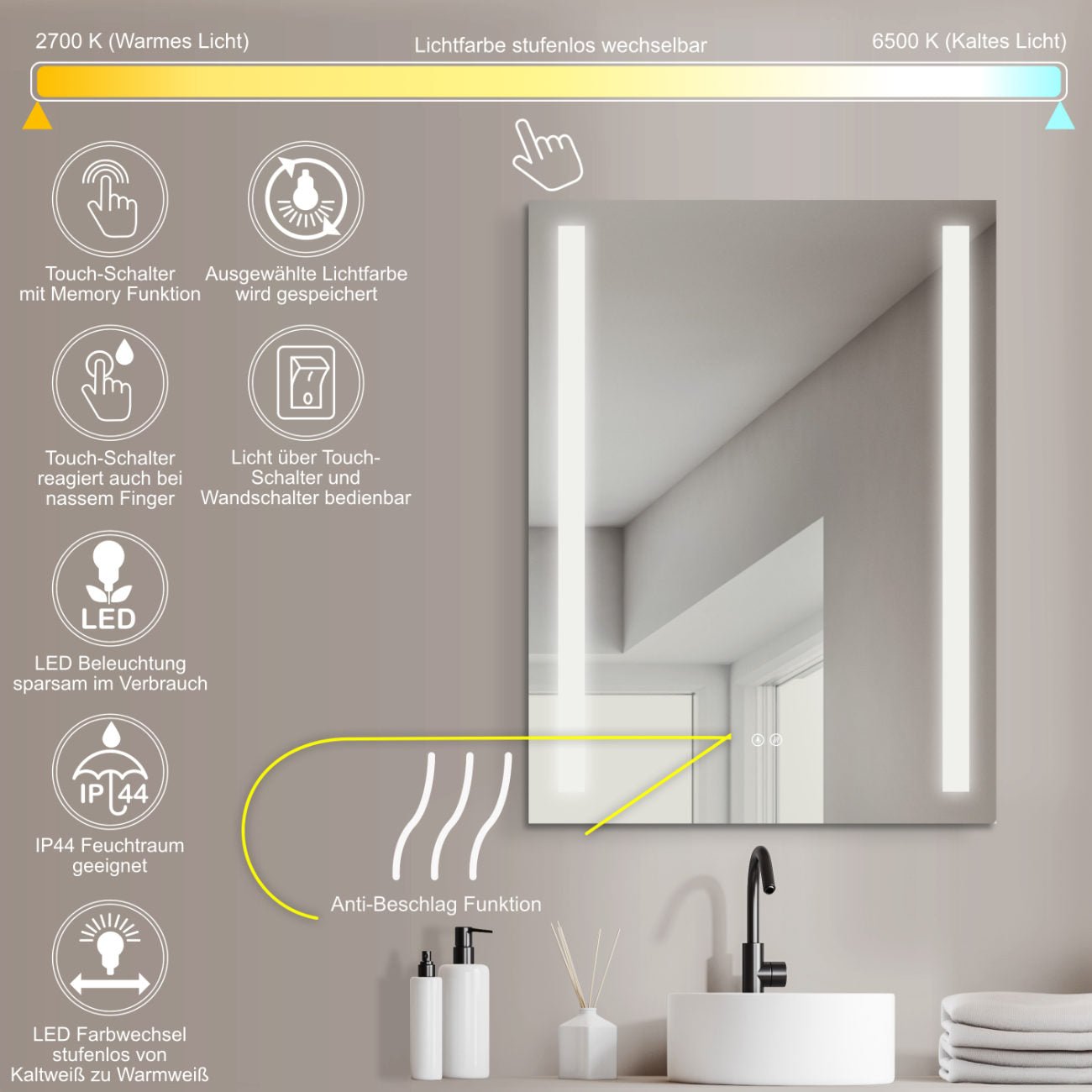 LED Badspiegel, Design-Badspiegel mit LED-Beleuchtung und Antibeschlag-Funktion