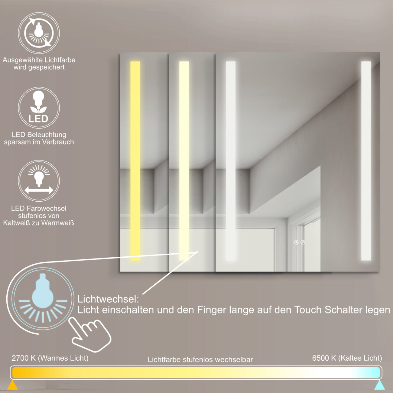 LED Badspiegel, Design-Badspiegel mit LED-Beleuchtung und Antibeschlag-Funktion