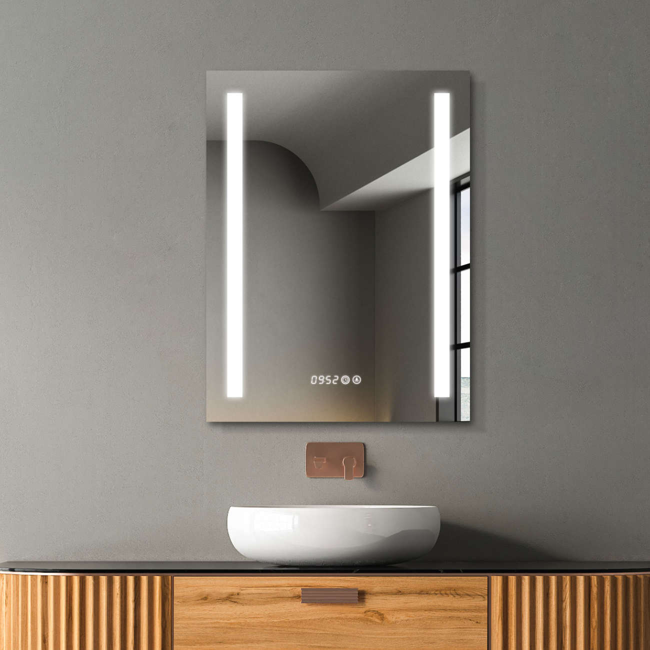 Design-Badspiegel mit Beleuchtung, Lichtwechsel, Antibeschlag-Funktion und Digital Uhr