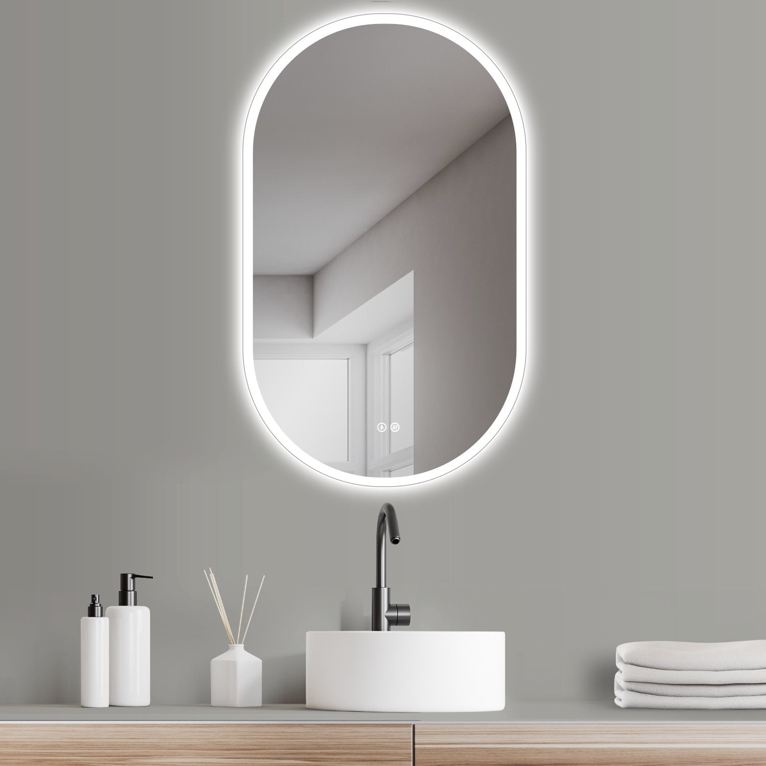 LED Badspiegel, design oval Wandspiegel, Antibeschlag, Lichtwechsel