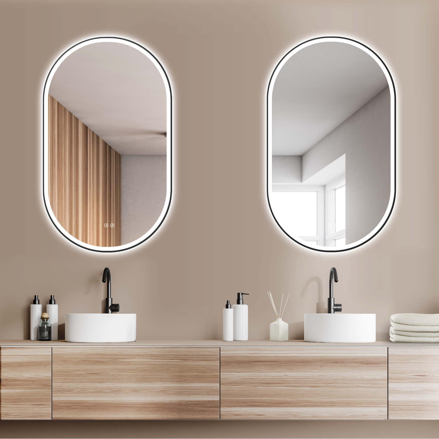 LED Badspiegel, design oval Dekor Spiegel mit led Beleuchtung, Antibeschlag Funktion, Schwarz Metallrahmen
