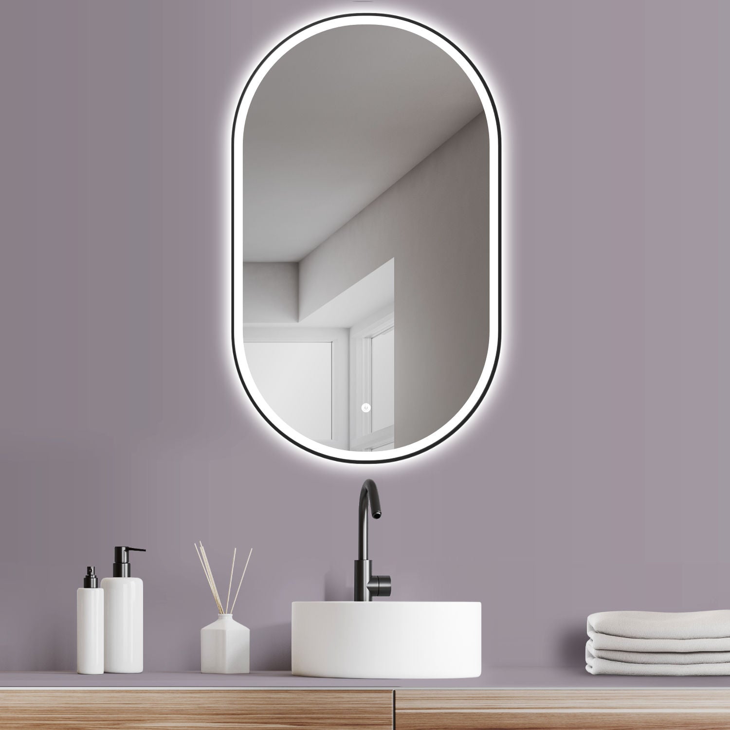 LED Badspiegel, design oval Dekor Spiegel, Badspiegel mit led Beleuchtung und Schwarz Metallrahmen