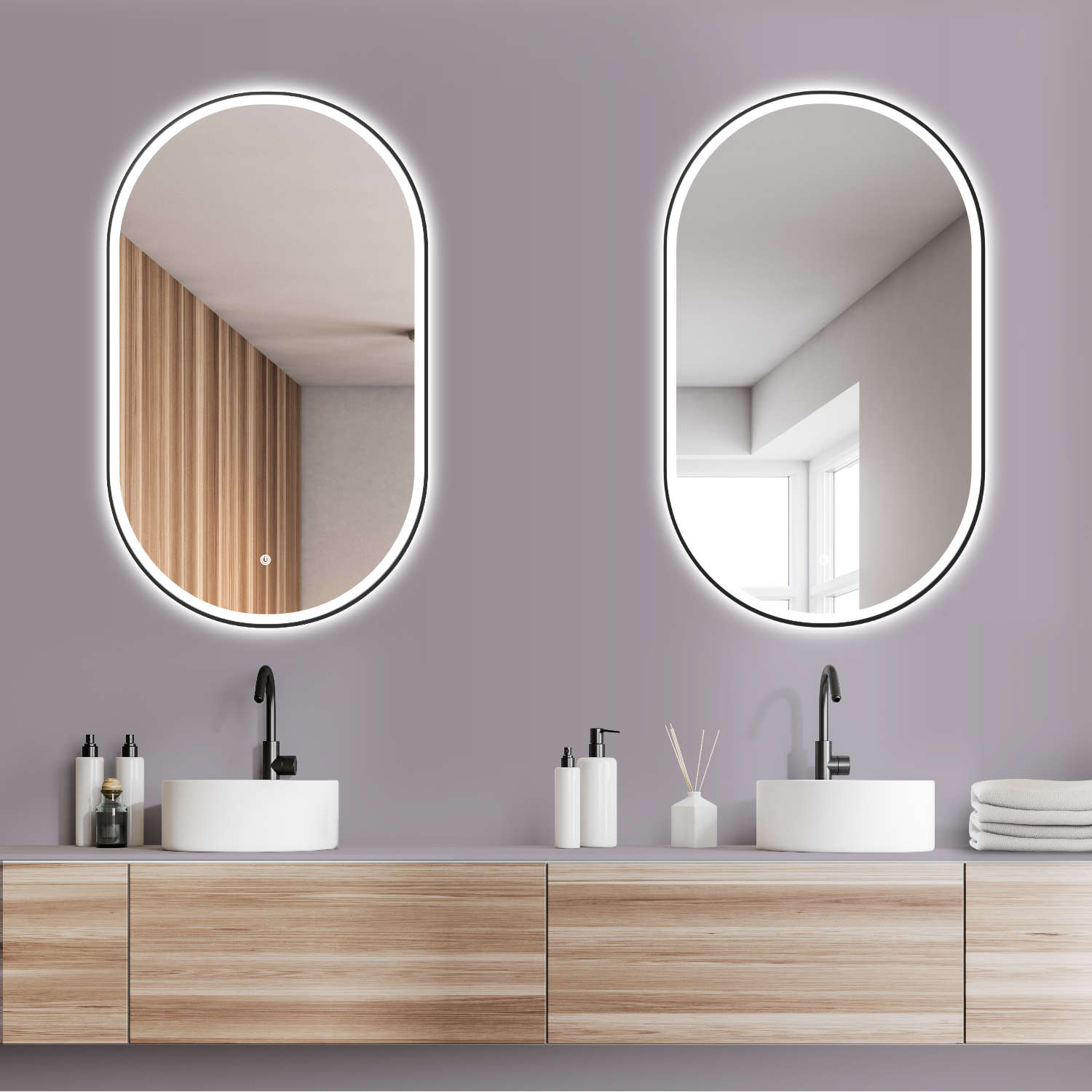 LED Badspiegel, design oval Dekor Spiegel, Badspiegel mit led Beleuchtung und Schwarz Metallrahmen