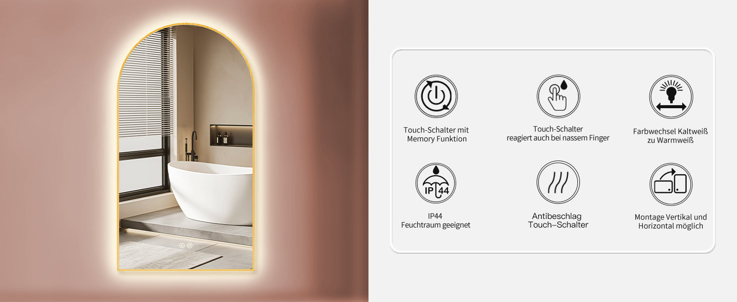 Badspiegel mit Beleuchtung und SPIEGEL HEIZUNG, Bogenform mit Gold Metall Rahmen