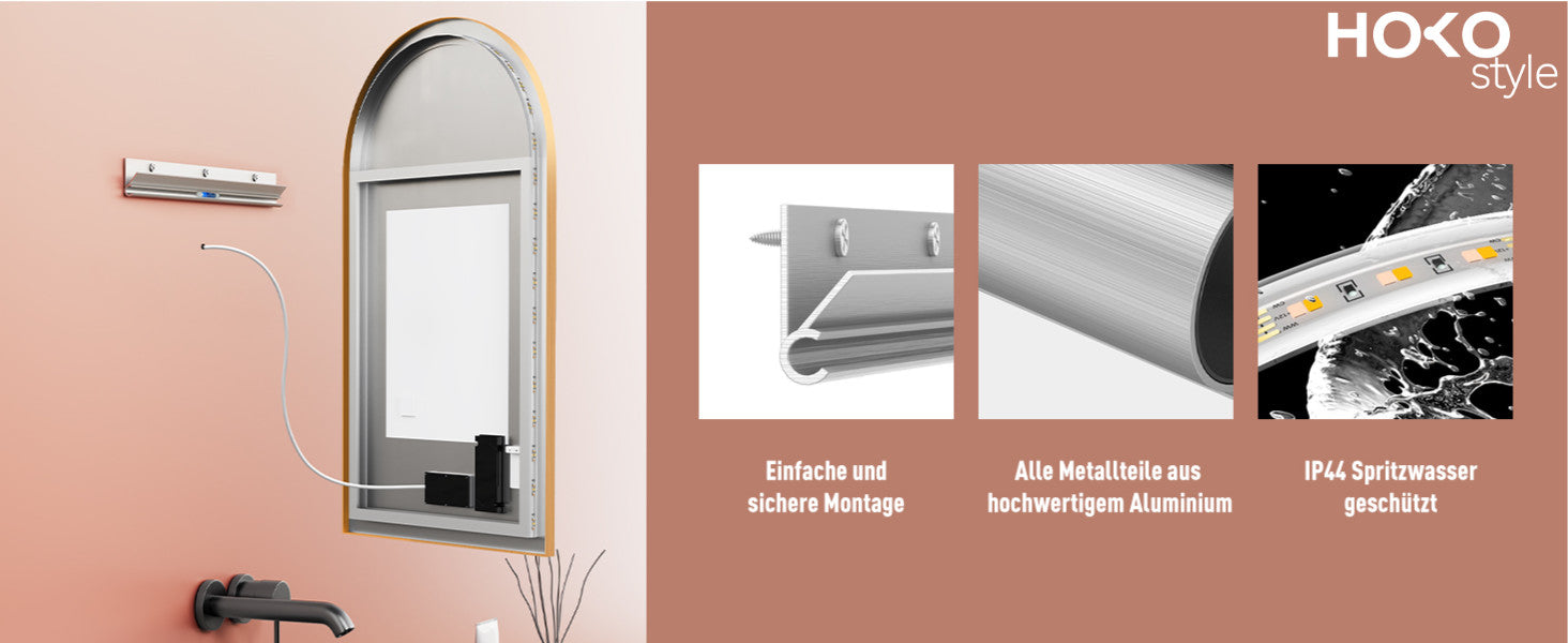 Badspiegel mit Beleuchtung und SPIEGEL HEIZUNG, Bogenform mit Gold Metall Rahmen