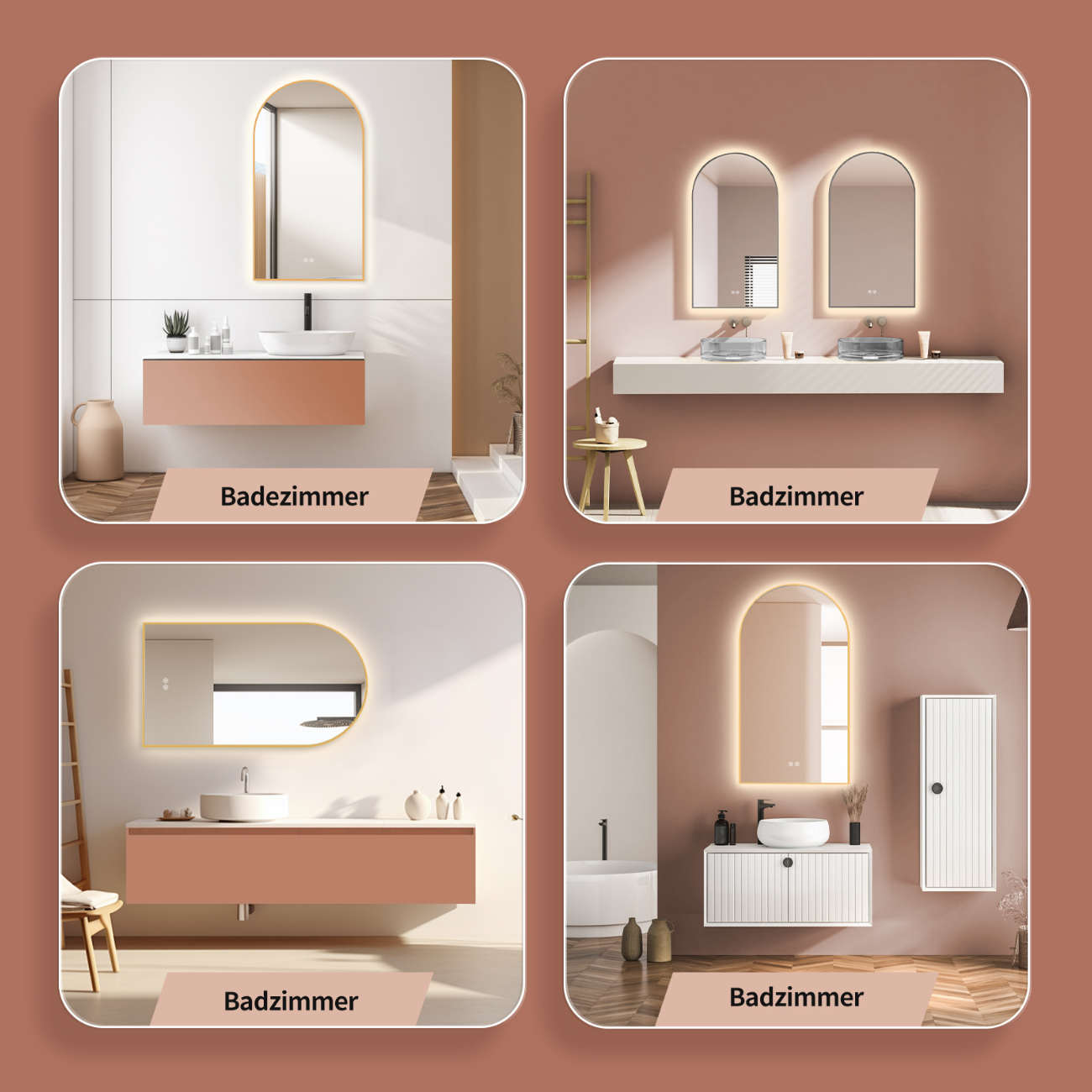 Badspiegel mit Beleuchtung und SPIEGEL HEIZUNG, Bogenform mit Gold Metall Rahmen