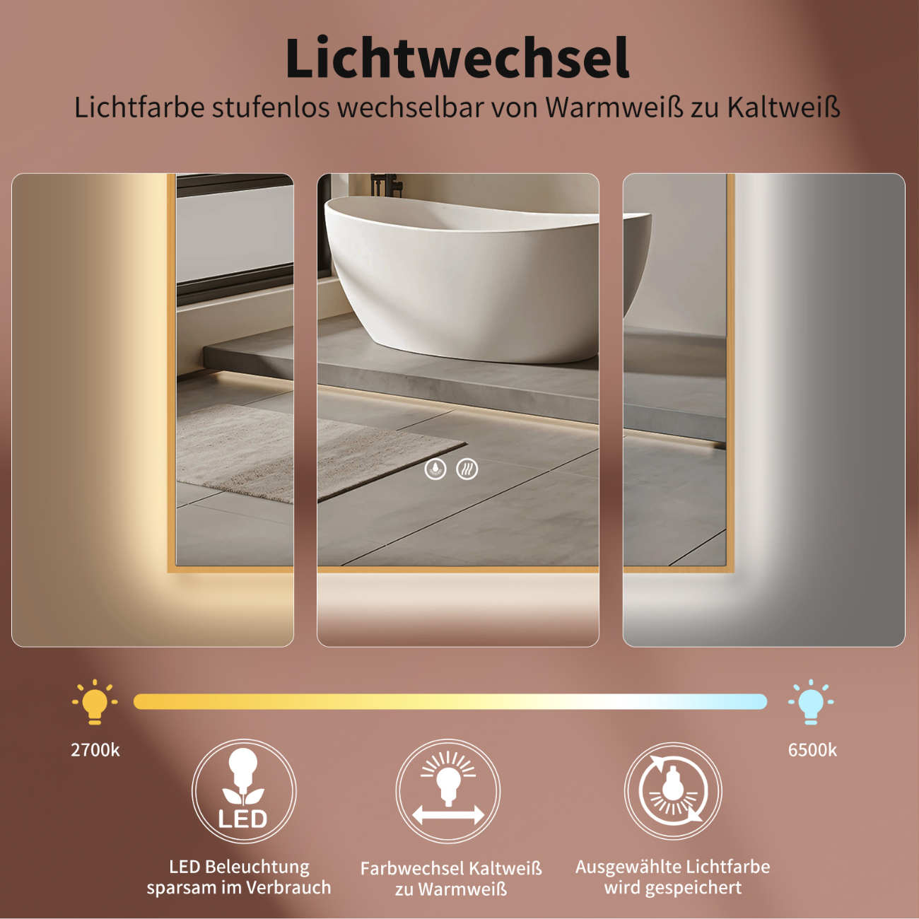 Badspiegel mit Beleuchtung und SPIEGEL HEIZUNG, Bogenform mit Gold Metall Rahmen
