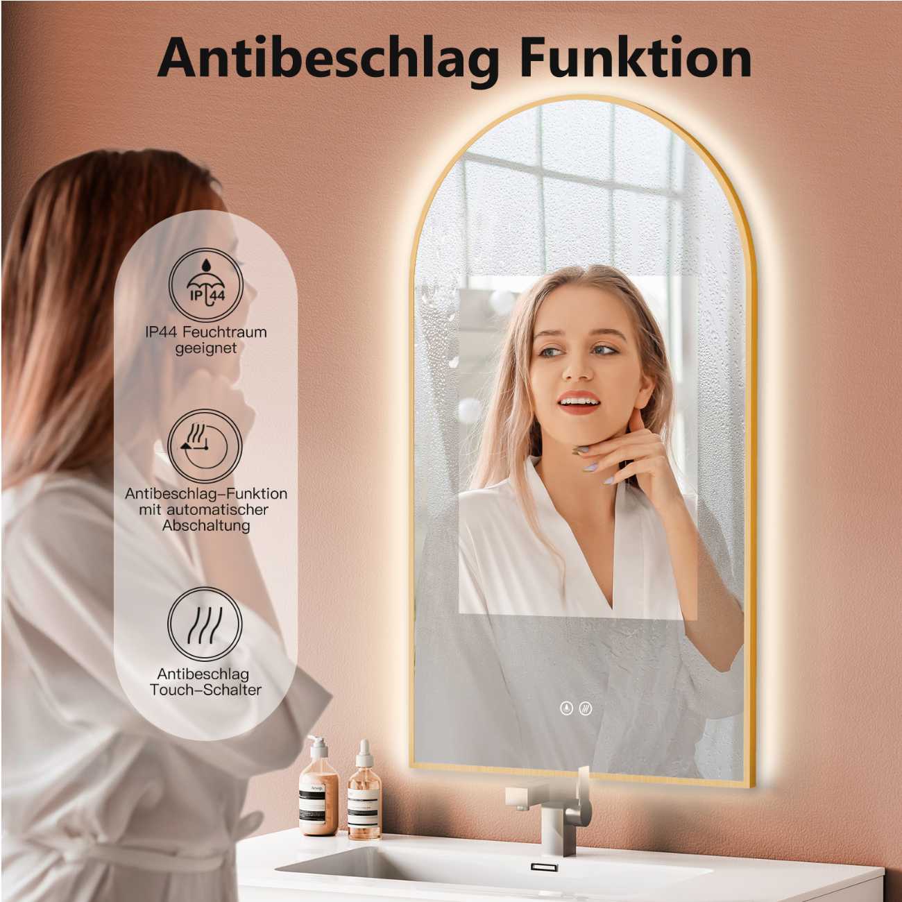 Badspiegel mit Beleuchtung und SPIEGEL HEIZUNG, Bogenform mit Gold Metall Rahmen