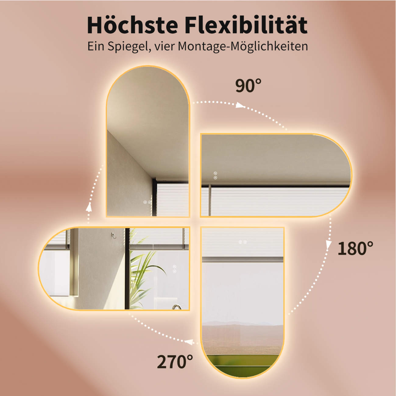 Badspiegel mit Beleuchtung und SPIEGEL HEIZUNG, Bogenform mit Gold Metall Rahmen