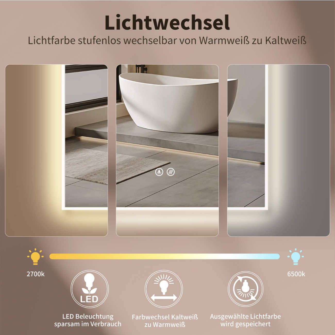 LED Badspiegel, Anti-Beschlag, Bogenform Wandspiegel, Lichtwechsel, Metall Rahmen Weiß