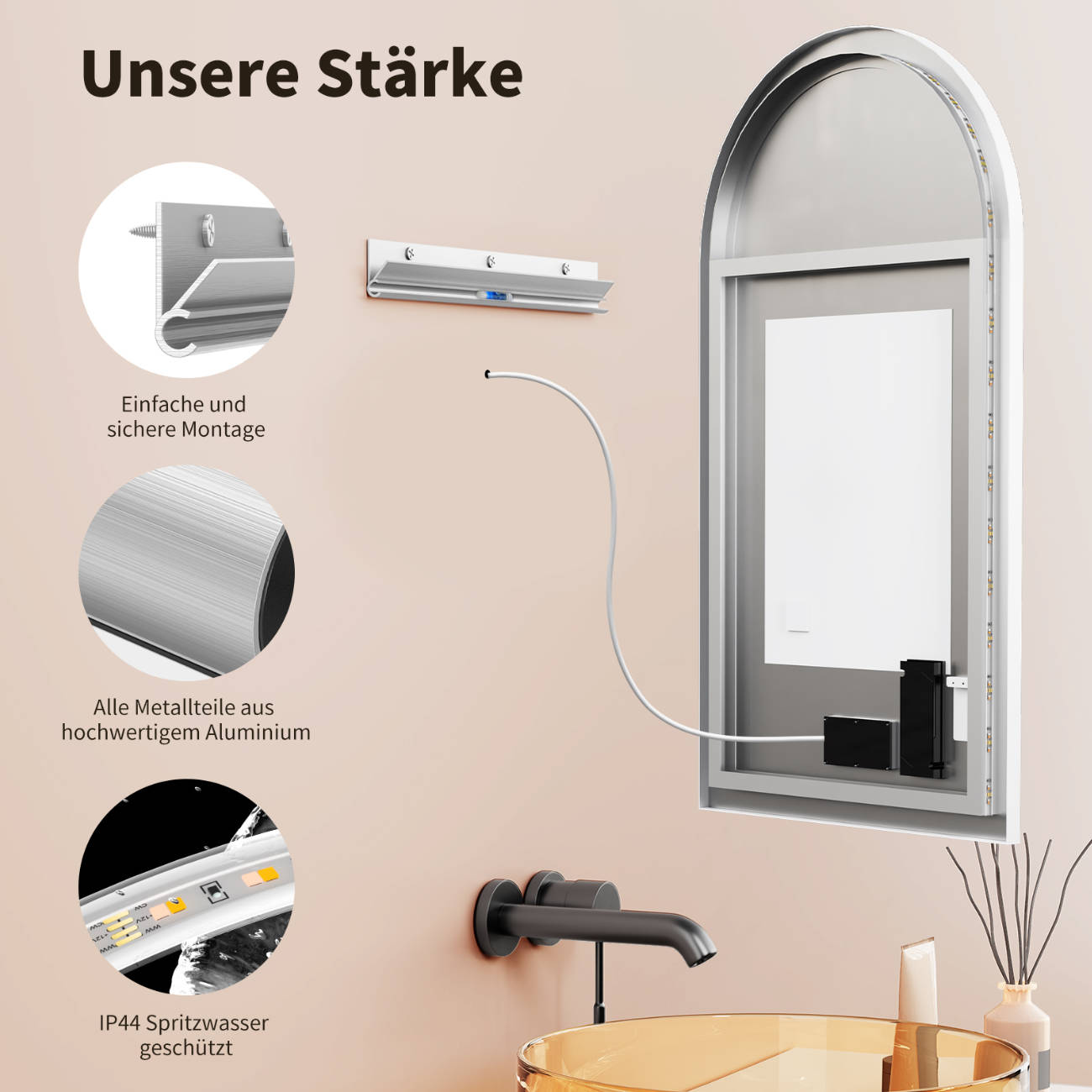 LED Badspiegel, Anti-Beschlag, Bogenform Wandspiegel, Lichtwechsel, Metall Rahmen Weiß
