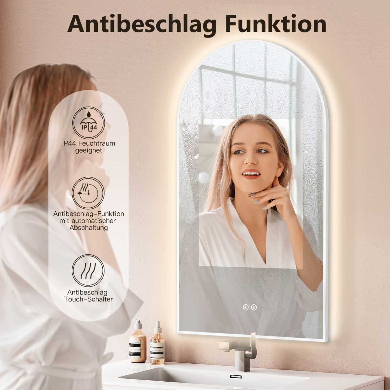 LED Badspiegel, Anti-Beschlag, Bogenform Wandspiegel, Lichtwechsel, Metall Rahmen Weiß