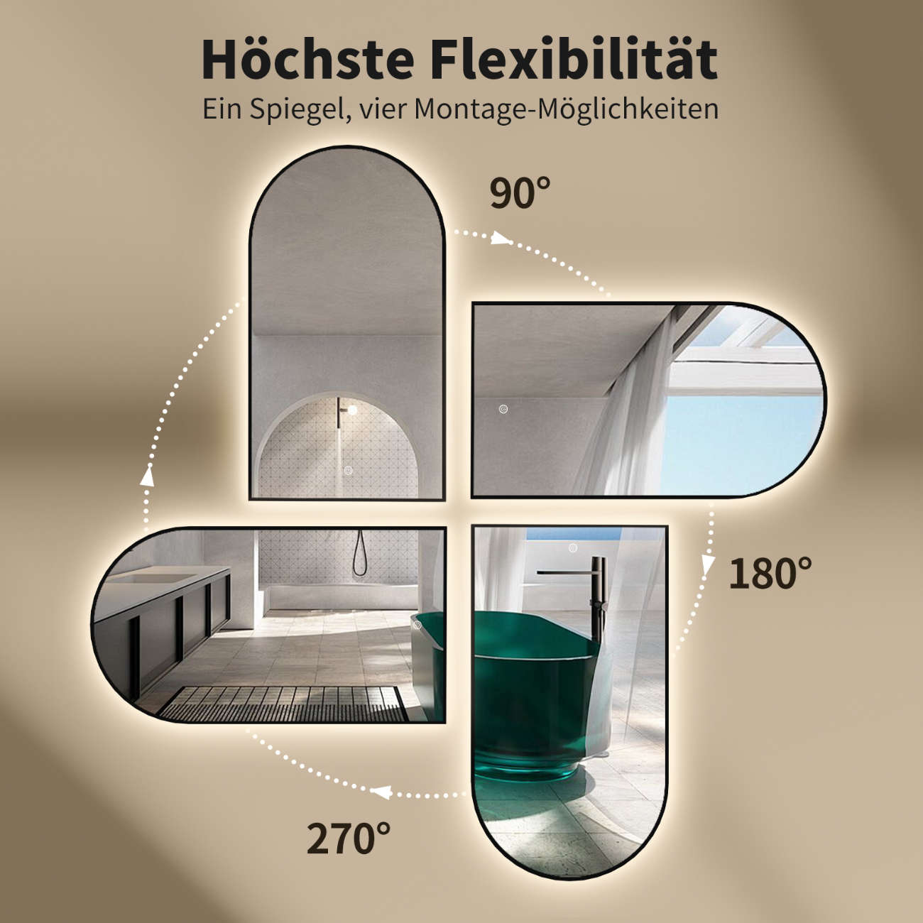 LED Wandspiegel, Bogenform Lichtspiegel, Schwarz Metall Rahmen, Lichtwechsel, HOCH & QUER Montage
